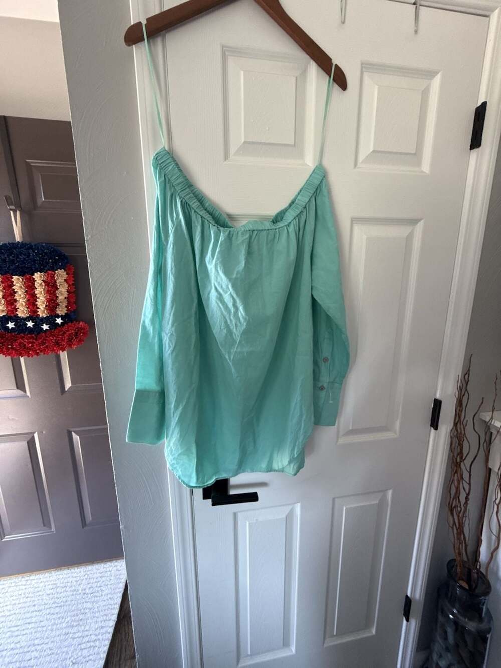 G.H. Bass & Co. Mint Green Off The Shoulder Long Sleeve Cotton Blouse Size L